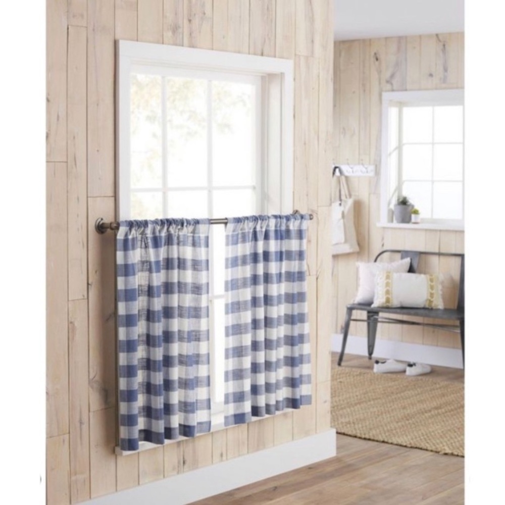 Threshold Blue Check Small Window Curtain Tier NWT